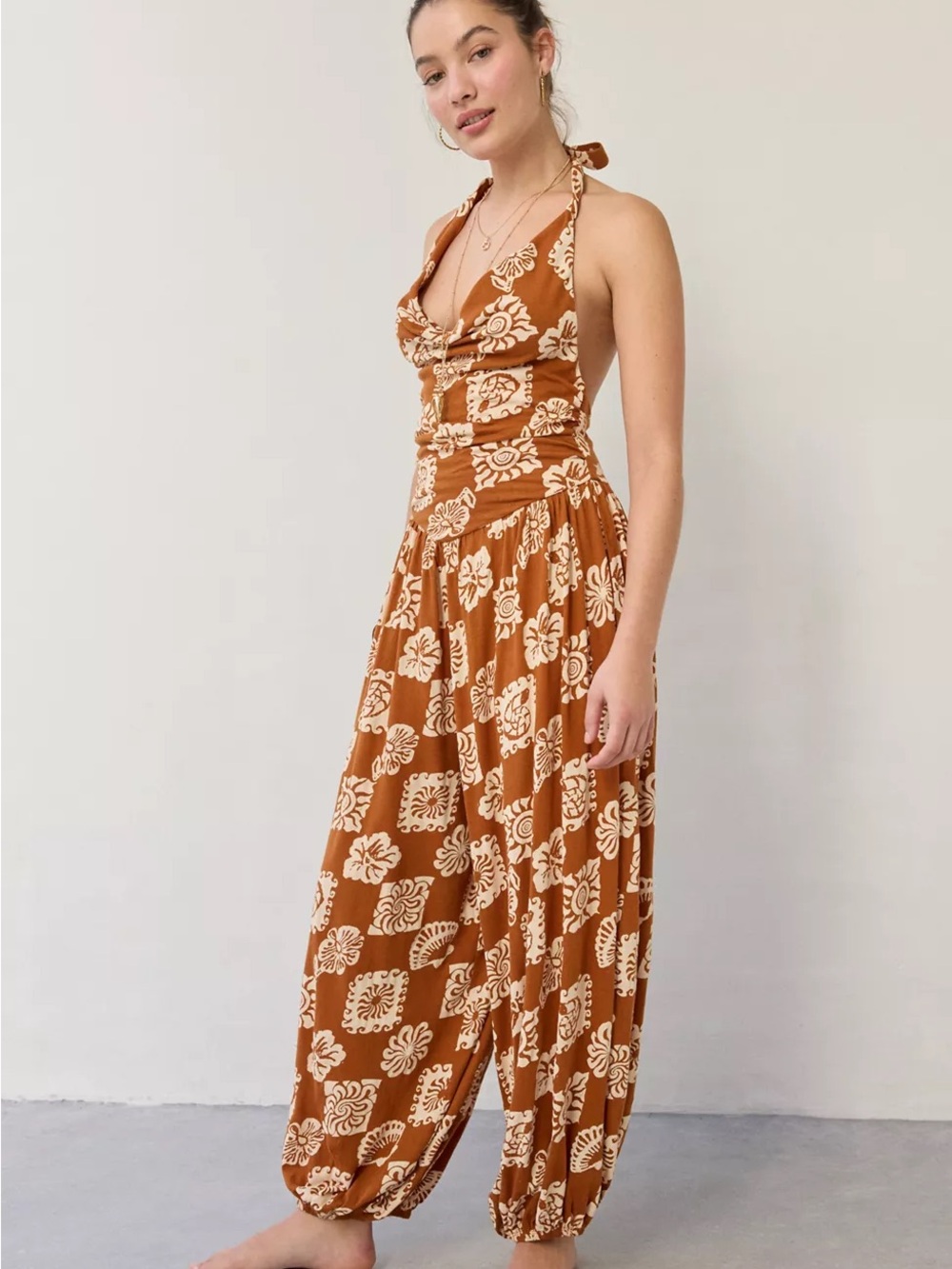 Urban Outfitters Floral Halter Wide-Leg Jumpsuit rust
